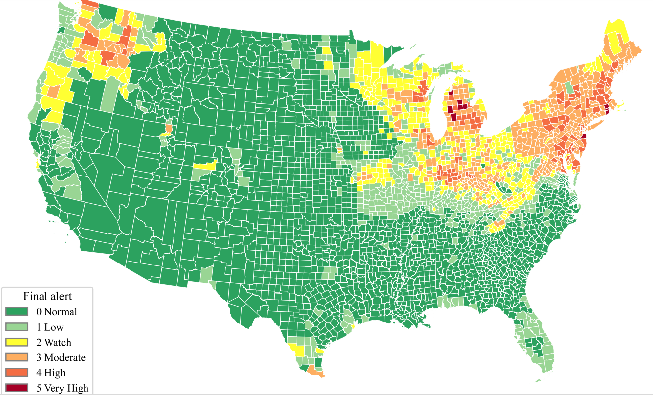 County-level weekly Lyme alert map by GEBA GeoAI and TrendAI